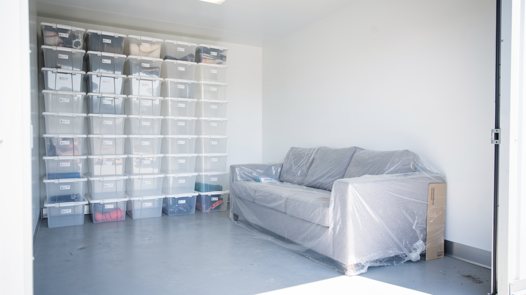 Climate-controlled storage unit with neatly stored household goods