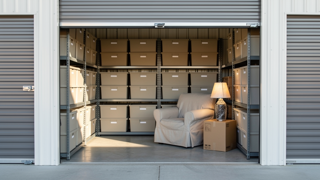 Organized 10 by 10 storage unit with labeled bins and furniture