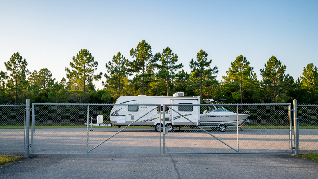 RV and boat parked in outdoor gated parking