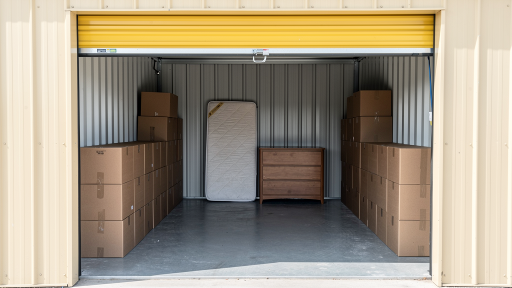 Packed 10x10 storage unit with boxed household goods, a mattress on edge, and a center aisle