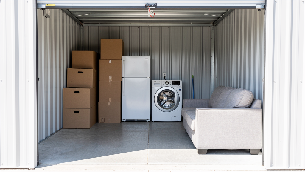 10x15 storage unit with furniture in place and a retrieval aisle left open