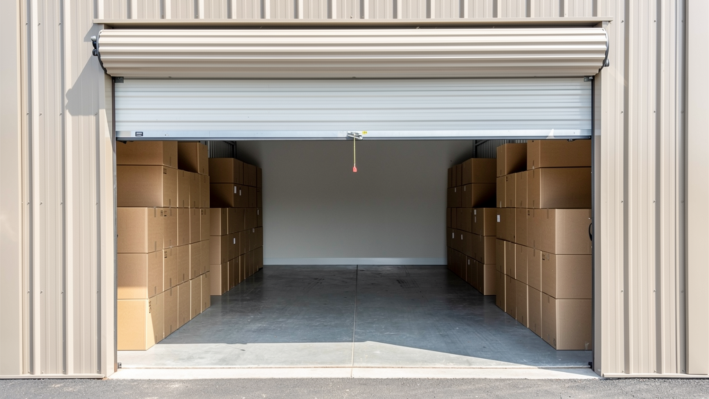 Organized 10x10 storage unit with labeled boxes facing a walkway at a Goldsboro drive-up door