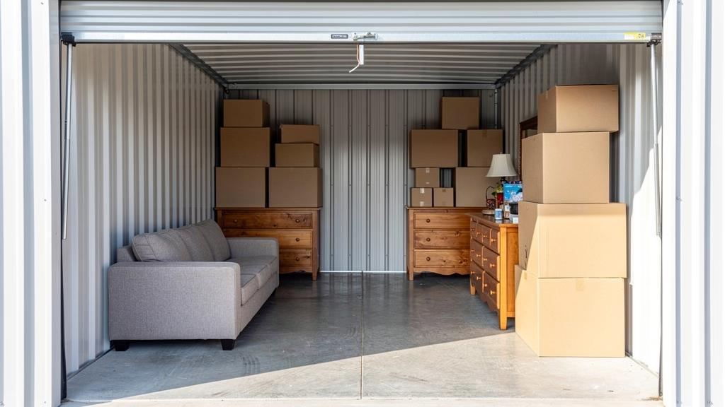 Organized 10x10 storage unit with furniture, labeled boxes, and a walkway