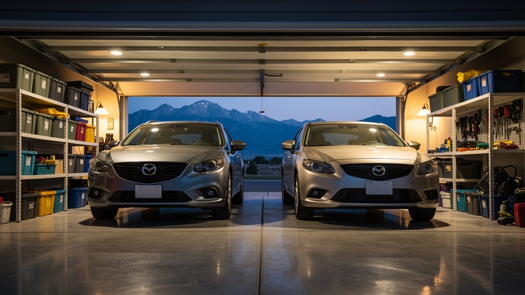 Two cars parked inside a clean garage after household overflow was moved to storage