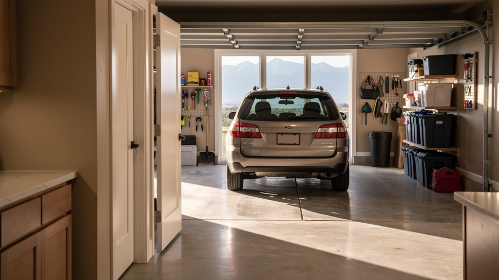 Family minivan parked inside the garage with a clear walkway to the house