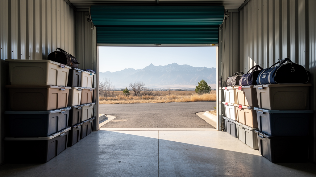 Organized drive-up storage unit with labeled totes and a center walkway