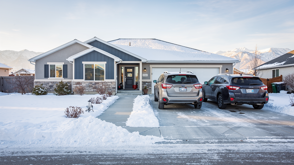 Clear winter driveway and walkway after the boat moved into vehicle storage