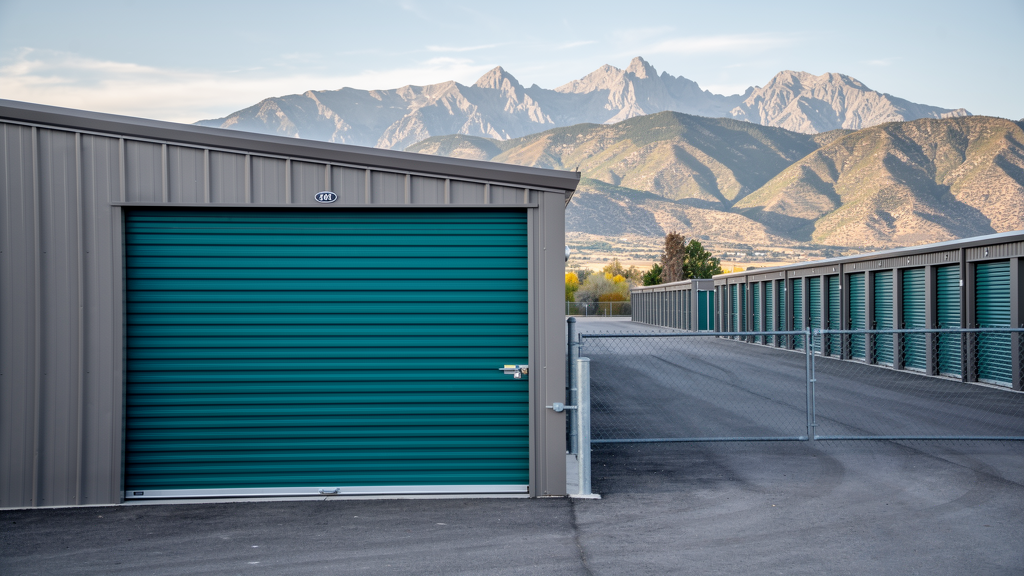Drive-up storage unit closed for the winter with seasonal boat gear inside