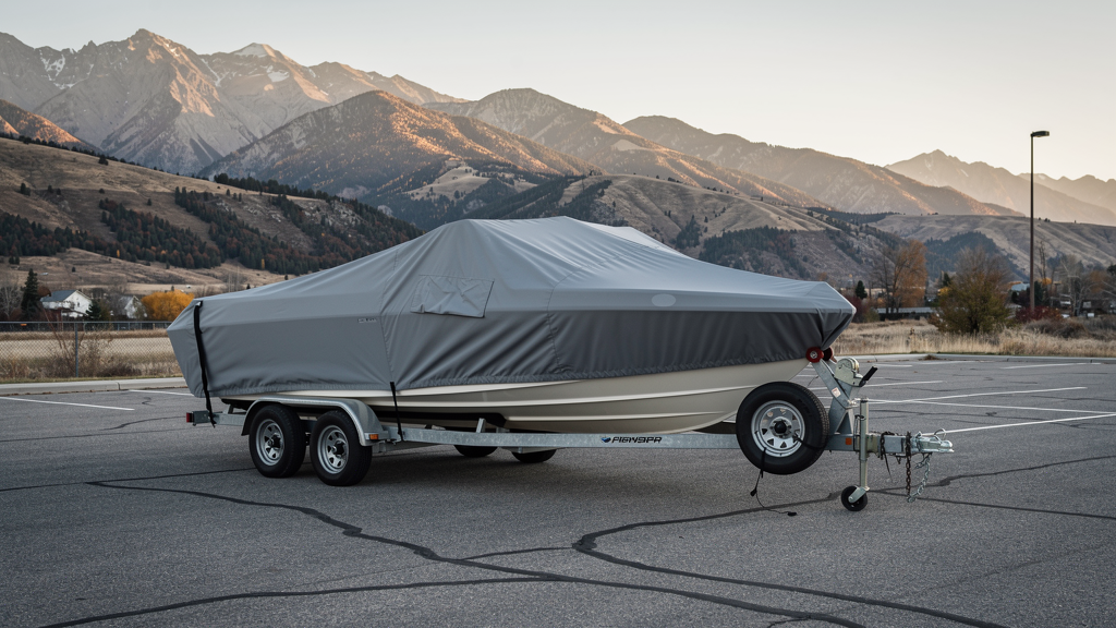 Covered boat on its trailer parked for winter at a Payson storage facility