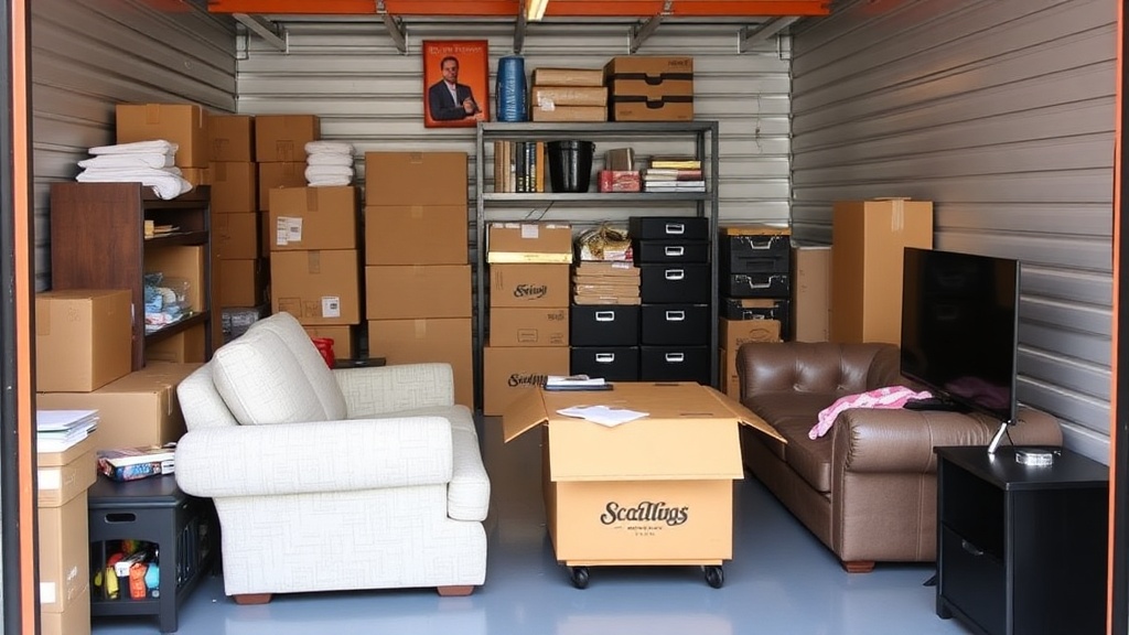 10x10 storage unit with organized furniture and boxes