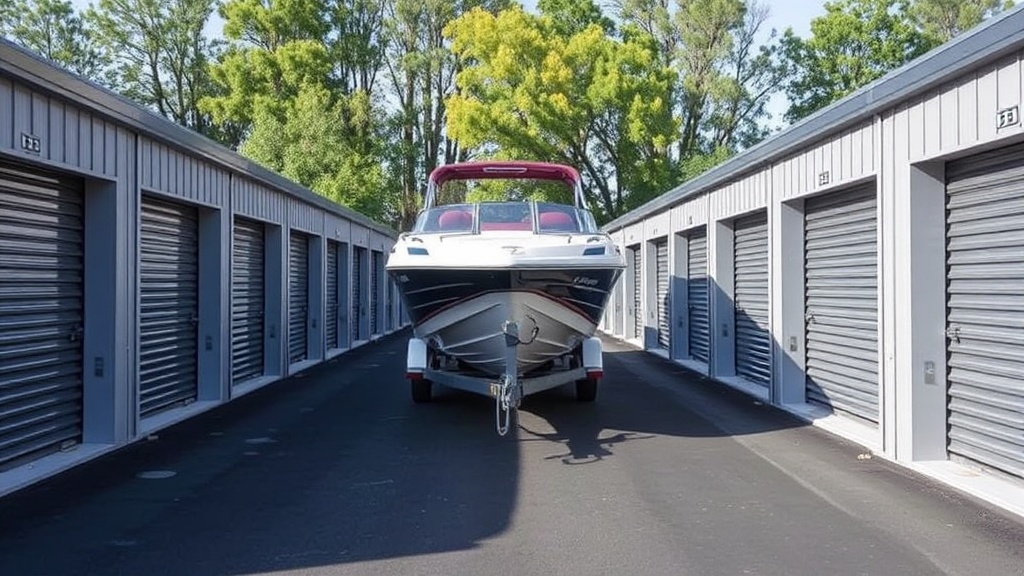 Drive-up storage units allowing easy boat trailer access