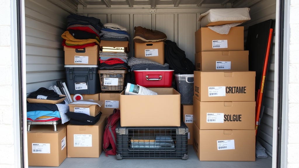 Organized storage unit with college student belongings neatly stacked with labeled boxes