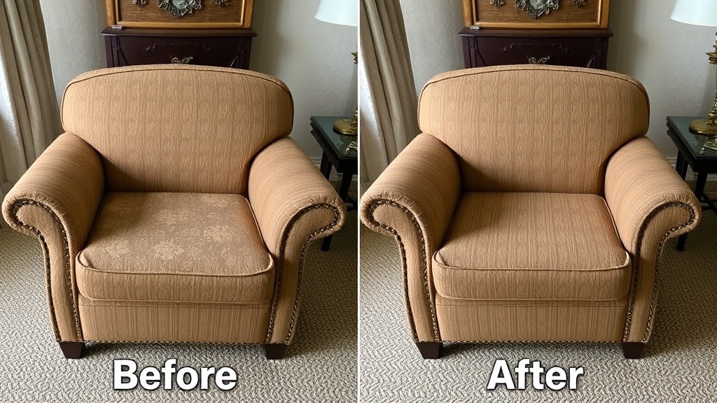Alt text: Before and after comparison of upholstered furniture showing mold damage from North Carolina summer humidity exposure