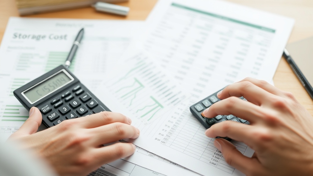 Person calculating storage costs on a budget spreadsheet with a calculator