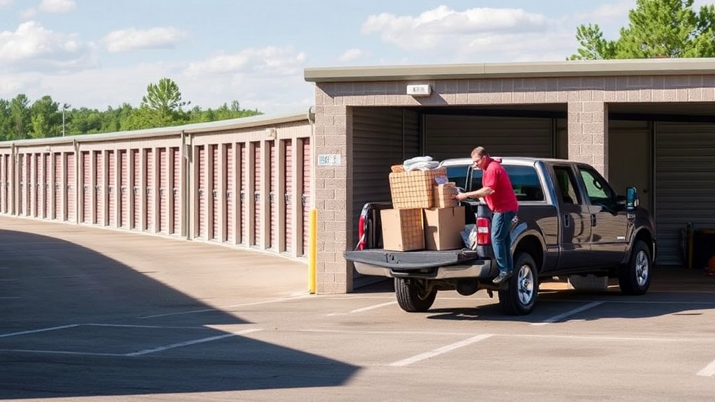 Drive-up storage units at Yukon Self Storage with a customer loading items from a pickup truck