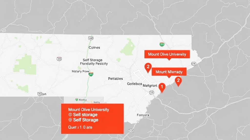 Map showing Self Storage Goldsboro locations relative to Mount Olive University