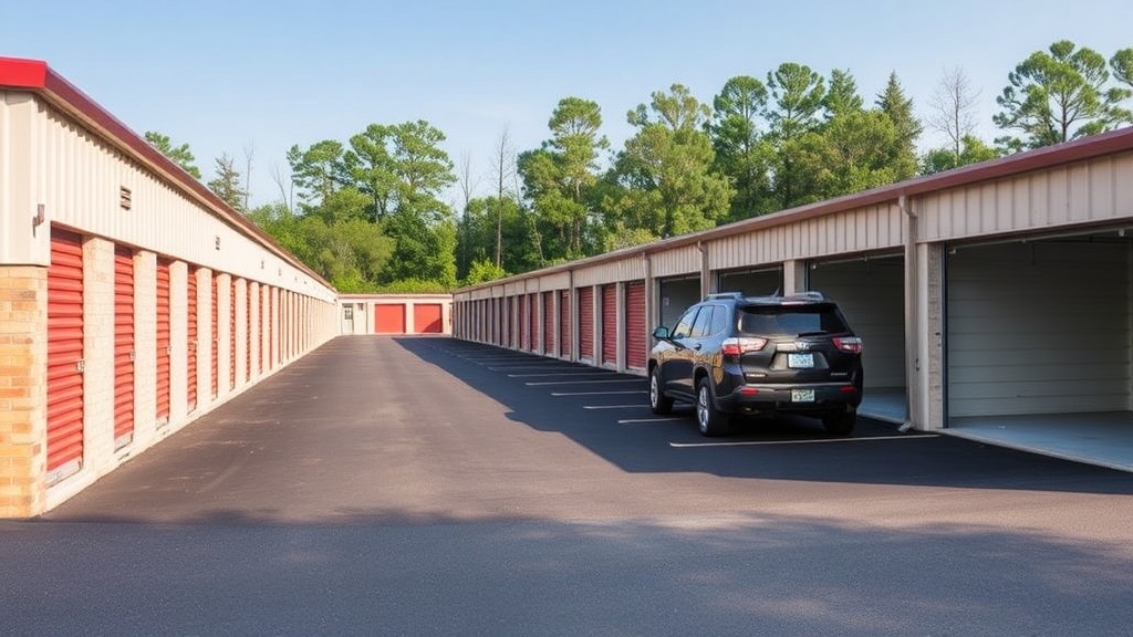 Drive-up storage units at a well-maintained Goldsboro storage facility with easy vehicle access