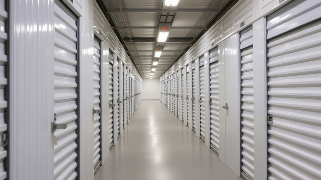 Clean well-lit storage facility hallway showing various unit sizes available for rent