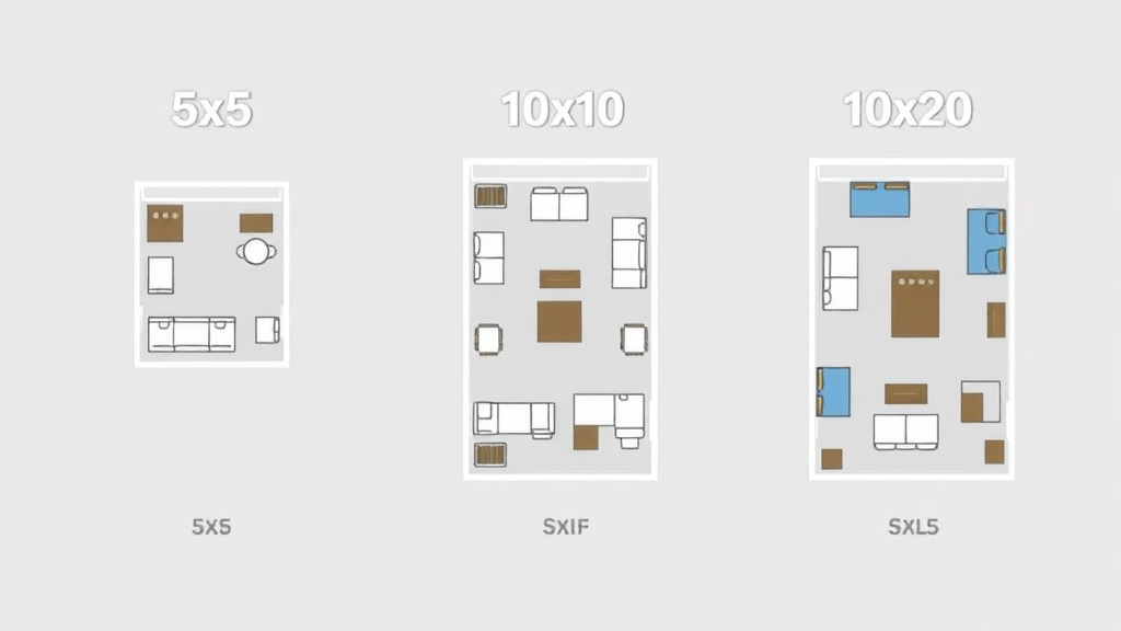 Storage unit size comparison chart showing 5x5, 10x10, and 10x20 units with furniture layouts