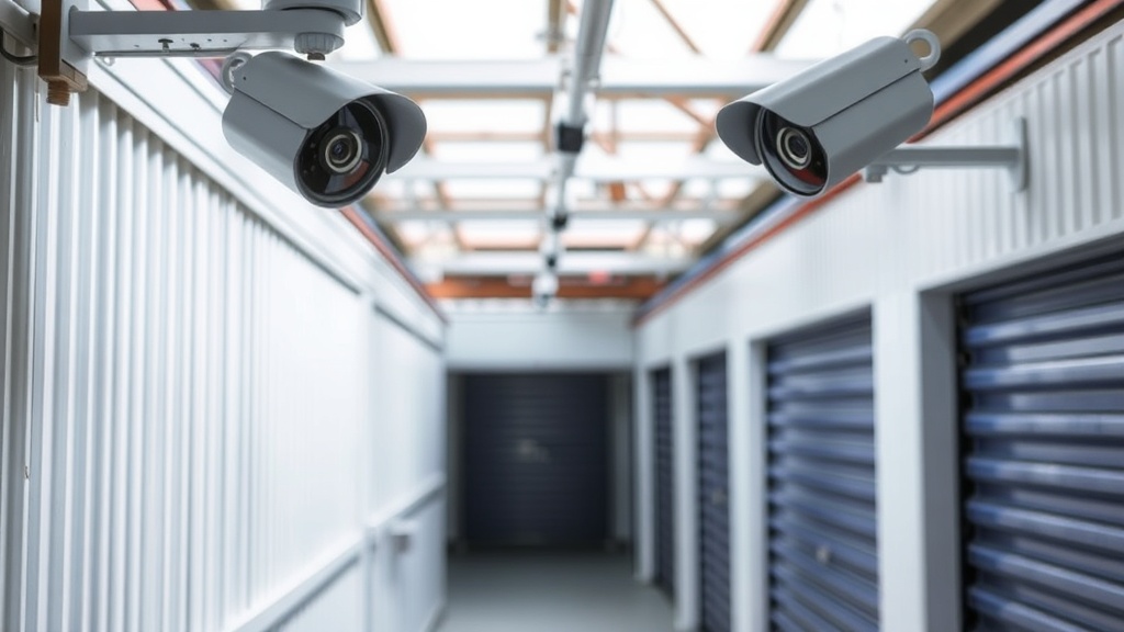 Security camera monitoring system overlooking storage facility with clear visibility of all access points