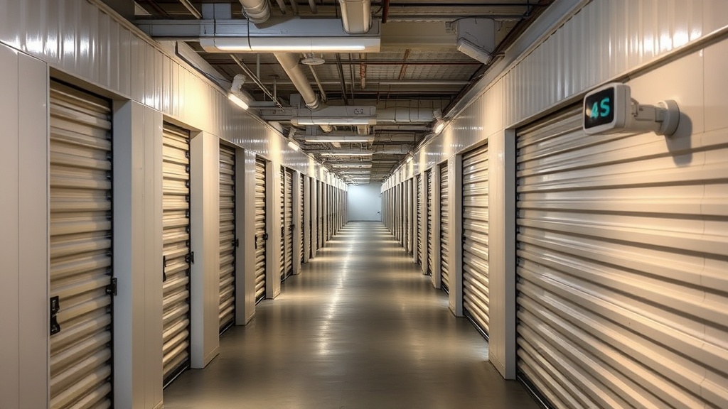 Well-lit storage facility corridors with security cameras providing comprehensive coverage