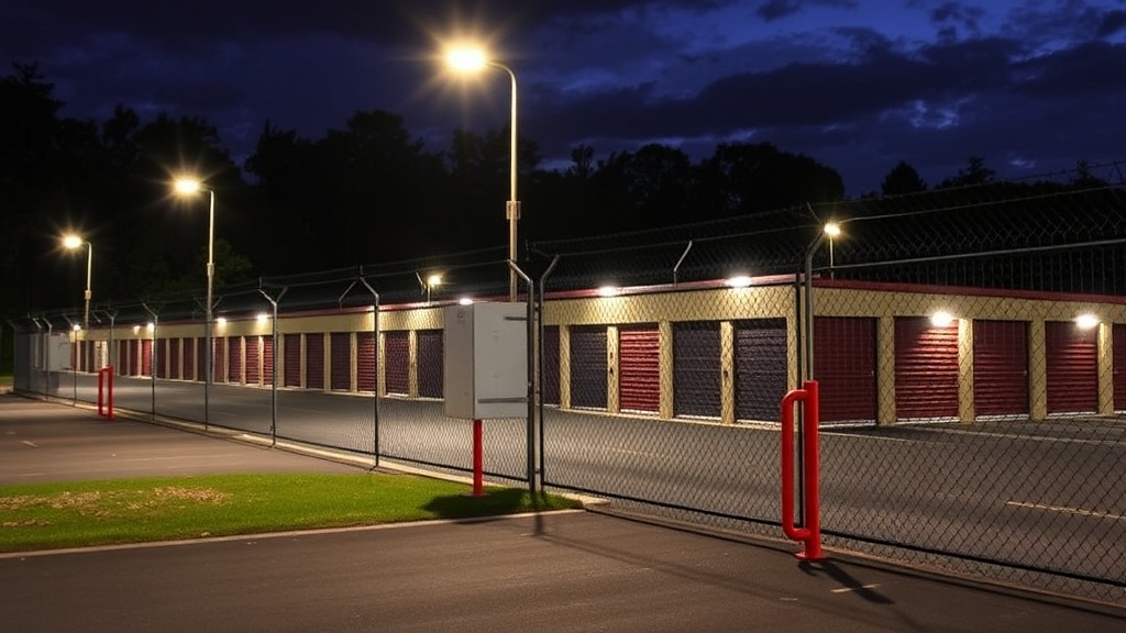 Secure perimeter fencing and professional lighting system protecting Delaware County storage facility