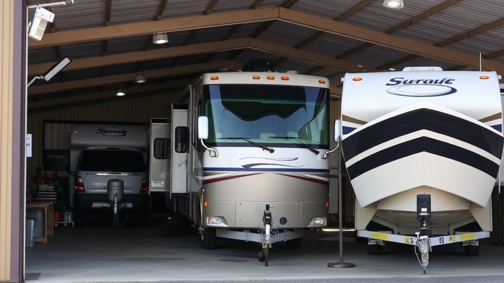 Outdoor vehicle storage area with security monitoring for RVs, boats, and large equipment